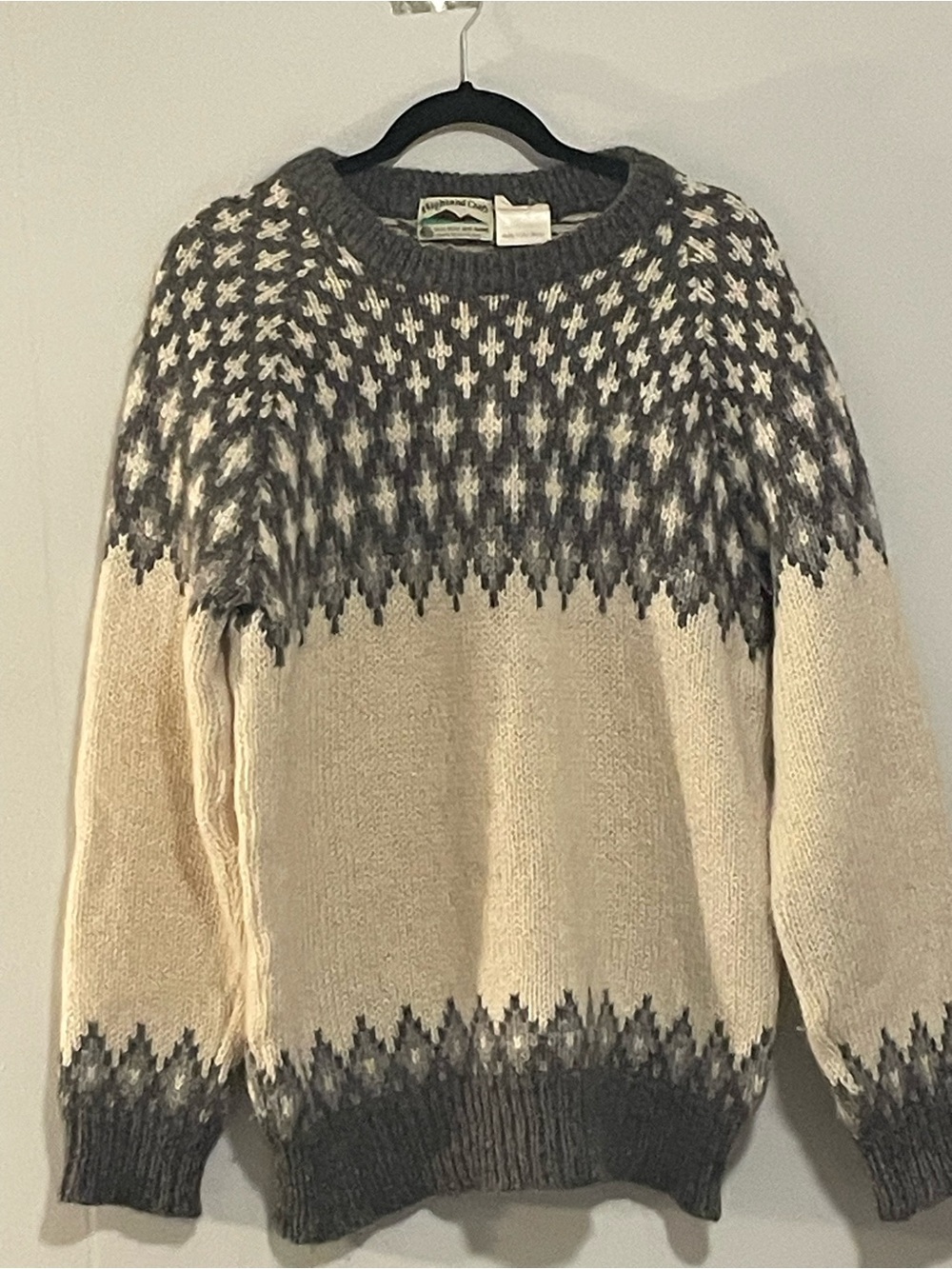 Gray and Cream Fair Isle Men's Wool Sweater Item # 11479